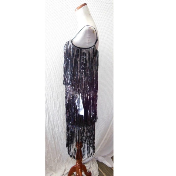 NEW DRESS THE POPULATION Onyx ROXY Sequin FRINGE 1920's Flapper SHIFT DRESS XXS - Picture 15 of 16